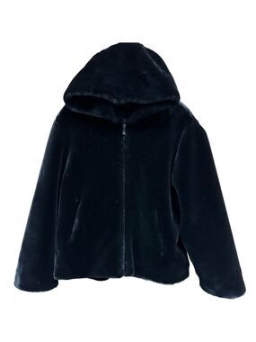 90s Plush black faux fur hooded jacket Womens Large 
 Winter Cozy